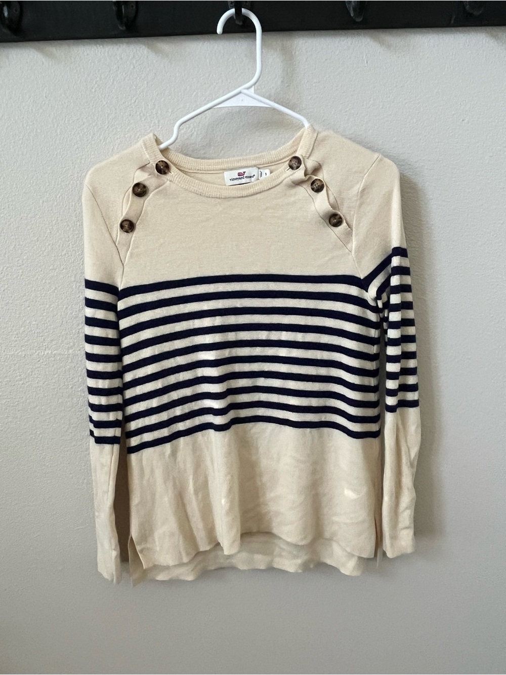 Vineyard Vines Cream Sweater with Navy Stripes and Shoulder Buttons